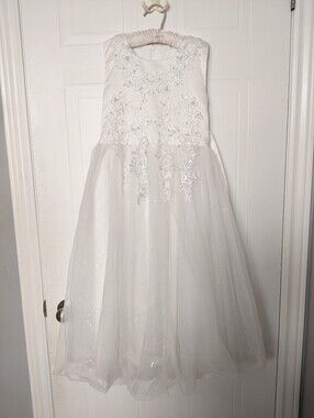 Pearl and Lace Sparkle Tulle Flower Girl Or Communion Dress in Ivory Size 10-12